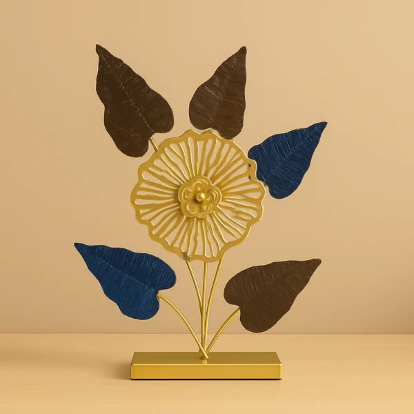 Golden Floral Showpiece with Blue & Brown Leaves